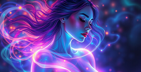 Fantasy Digital Art Portrait of an Ethereal Woman with Glowing Neon Lights and Flowing Hair in Cosmic Ambiance

