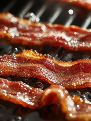 Crispy Bacon Strips Cooking on a Grill with Glimmering Fat and Texture Highlighting the Perfect Breakfast Food Enjoyment