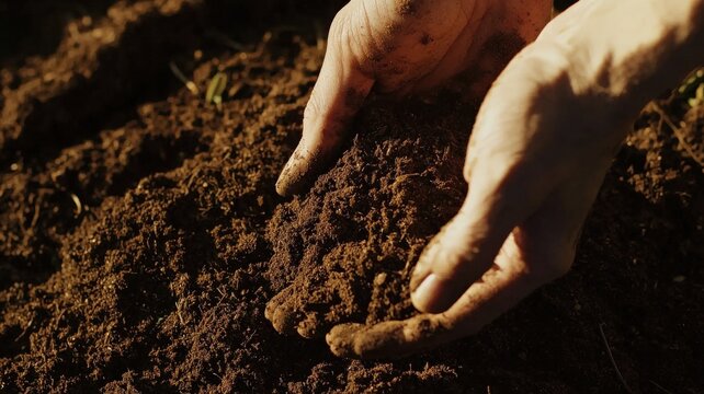 Close-up macro shot of hands planting seeds into rich, dark soil under natural sunlight, capturing growth, nurturing, and the beginning of new life in a vibrant farming scene.
- Powered by Adobe