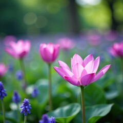 Obraz premium Gentle purple pink blue tones blend in subtle abstract pattern, creating soft focus effect on natural surroundings , gradient, scenery, soft focus
