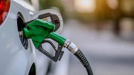 A fuel nozzle is inserted into a car, highlighting the process of refueling with a focus on a green gas pump handle.