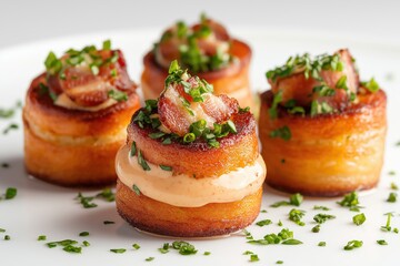 Gourmet bacon and potato bites served on a white plate garnished with fresh herbs