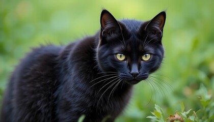 Black Cat Staring Intently in Garden Setting Close Up Portrait