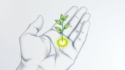 Open Hand Illustration Holding a Growing Green Plant Sprout Illuminated by Gentle Light

