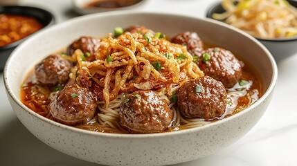 A close up of a bowl of meatball noodle soup
