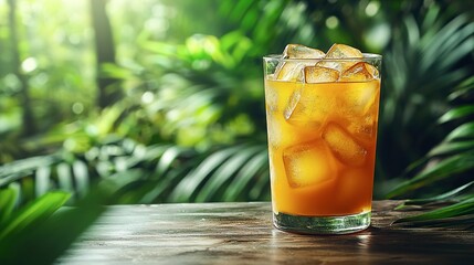 A refreshing drink with ice cubes sitting on a wooden table