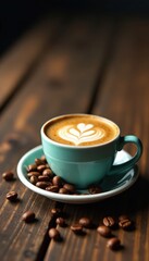 Fototapeta premium Espresso coffee cup with beans on old wooden table, coffee, cups, espresso