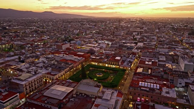 Plaza in Celaya at Sunset - Aerial - Shot Moves Left