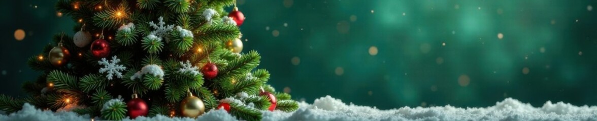 Evergreen Christmas tree surrounded by snowflakes and ornaments,  festive,  snowflakes,  snow