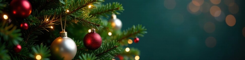 Evergreen Christmas tree with ornaments and lights, holiday season, christmas tree,