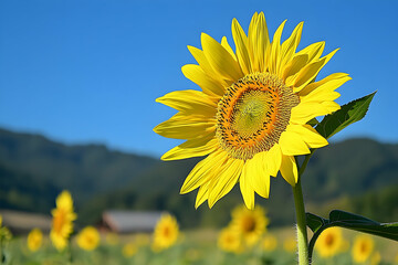 Radiant Sunflower Bloom against a Clear Blue Sky in Mountain Landscape