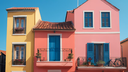 Obraz premium Colorful buildings showcase vibrant architecture in a sunny coastal town with charming details and inviting balconies Generative AI