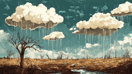 Surreal rain clouds desolate landscape digital art dry environment wide angle view nature concept