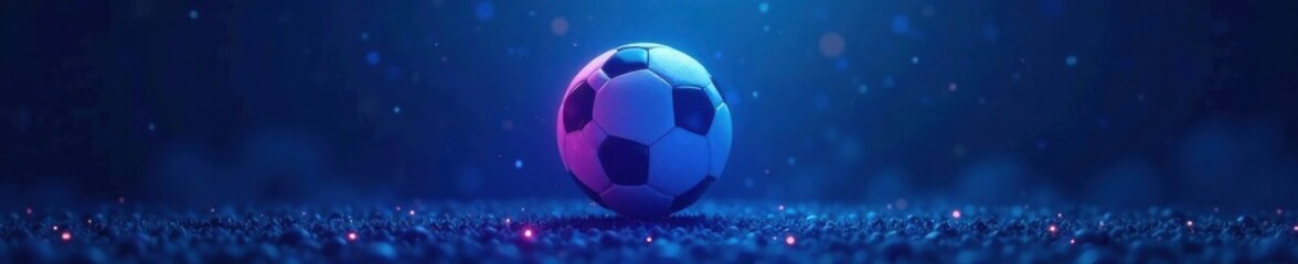 Naklejka premium Glowing neon soccer ball suspended in mid-air over blue background, neon, ball, glowing