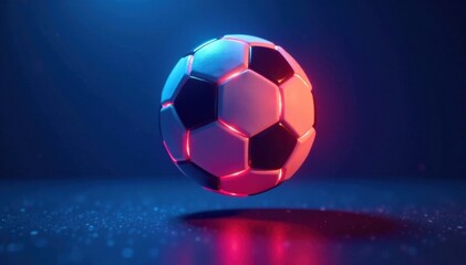 Naklejka premium Glowing neon soccer ball suspended in mid-air over blue background, vibrant colors, soccer ball, glowing