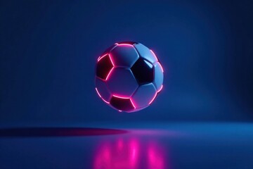 Naklejka premium Glowing neon soccer ball suspended in mid-air over a deep blue background with subtle gradient effect, soccer ball, abstract, lighting effects