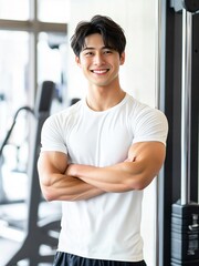 日本人 男性 ムキムキ 筋肉 パーソナル トレーナー スマイル ジム バストショット 灰色 白 背景