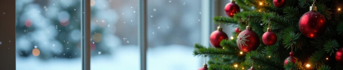 Fototapeta premium Festive Christmas tree with colorful ornaments against a snowy window background, Holiday decor, Holiday cheer