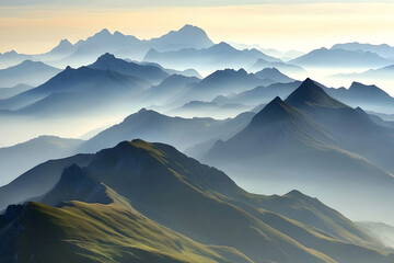 Mountain peaks covered in mist create a serene and picturesque landscape