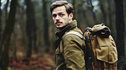 Focused Young Man with Backpack Exploring a Misty Forest Landscape