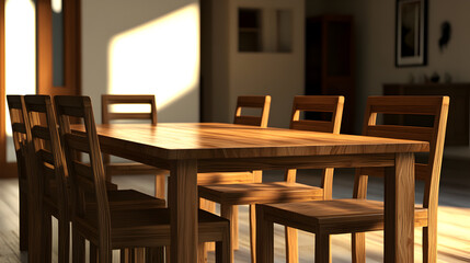 una mesa de madera con sillas dentro de una casa en el area de comedor casa acogedora y minimalista