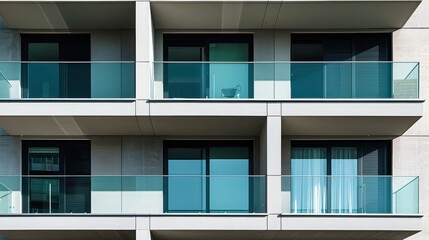 Obraz premium A contemporary city apartment with large balconies and a modern exterior design, located in a dynamic urban neighborhood 