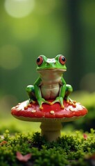 Naklejka premium Green frog sitting on a mushroom, looking cute and relaxed , green frog, outdoor, sit