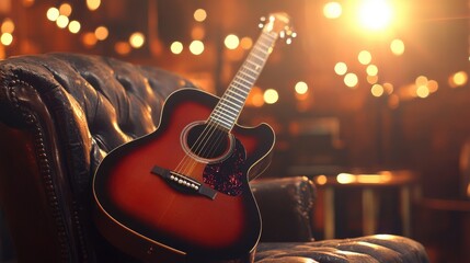 Fototapeta premium A small parlor acoustic guitar on a vintage leather chair under a warm spotlight.
