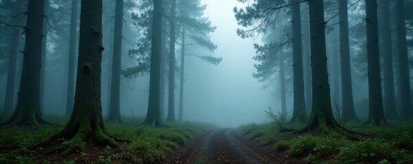 Naklejka premium Foggy forest with old-growth firs and misty atmosphere, fog, nature