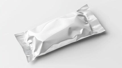 a white, plastic candy wrapper with a smooth, glossy surface and serrated edges