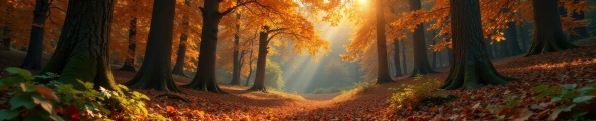 Fototapeta premium Forest clearing with dense deciduous foliage autumn, , woodland ambiance