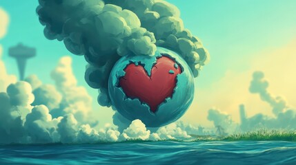 Environmental awareness campaign ocean shore digital art surreal atmosphere aerial view love for earth