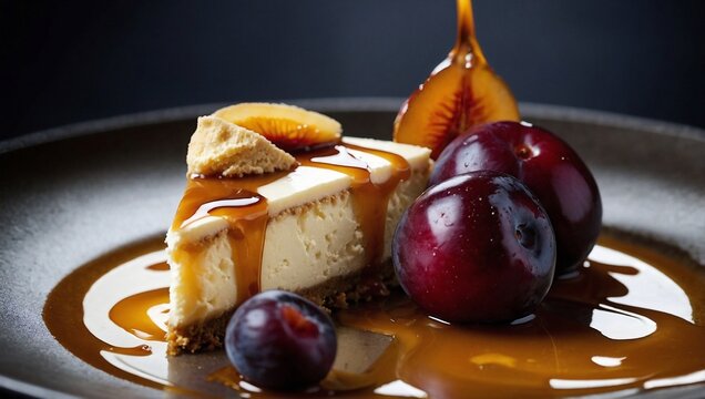 Gourmet cheesecake with fresh plums and caramel garnish