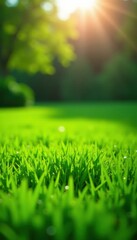 Naklejka premium Freshly cut lawn on a sunny spring day with dew glistening on the grass, natural, morning