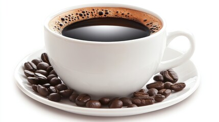 A steaming cup of freshly brewed coffee resting on a saucer with coffee beans scattered around.