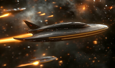 Obraz premium Spectacular interstellar fleet maneuvers across a shimmering cosmos landscape