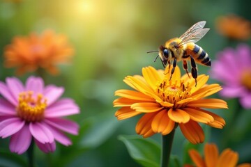 Happy bee soaring over a cluster of colorful flowers in full bloom, flowers, insects, flying high