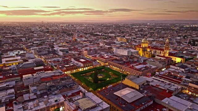 Plaza in Celaya at Sunset - Aerial - Shot Moves Right