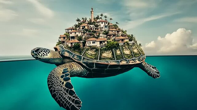 Island Village on a Giant Turtle's Back: A Surreal Seascape