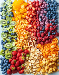vibrant food collage featuring fresh fruits, cereal, and berries evokes sense of joy and healthy indulgence. Perfect for breakfast or snack