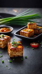 Gourmet glazed tofu bites with chives for presentation