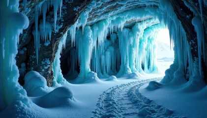 icy cave walls with crystalline formations and frost covered stalactites hanging from the ceiling , ice, crystal, dark blue abstract ice texture background
