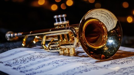Naklejka premium A trumpet with a golden finish, resting on sheet music, reflecting stage lights.