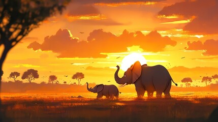 Fototapeta premium Majestic elephants walking at sunset in african savannah wildlife photography natural landscape serene atmosphere