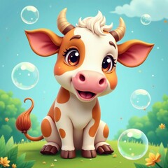 Fototapeta premium Illustration of a cow with spotted fur and big eyes, playing with bubbles, cow, bubbles, illustration