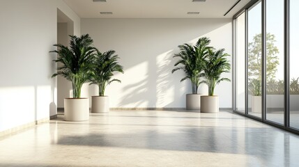 Sunlight Illuminates a Minimalist Interior with Large Potted Palm Plants Flanking a Doorway Against a White Wall and Polished Concrete Floor