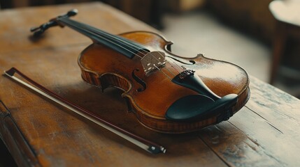 Fototapeta premium A violin resting on an antique wooden table, with its bow placed gently beside it.