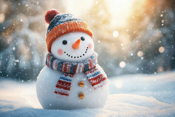 Snowman in snow with scarf and hat, standing in a winter landscape.