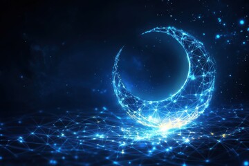 Obraz premium Digital Moon with Connecting Lines and Stars in Dark Cosmic Space