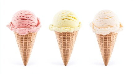 Dessert Advertising Concept: Three Flavors of Ice Cream in a Cone Isolated on White Background